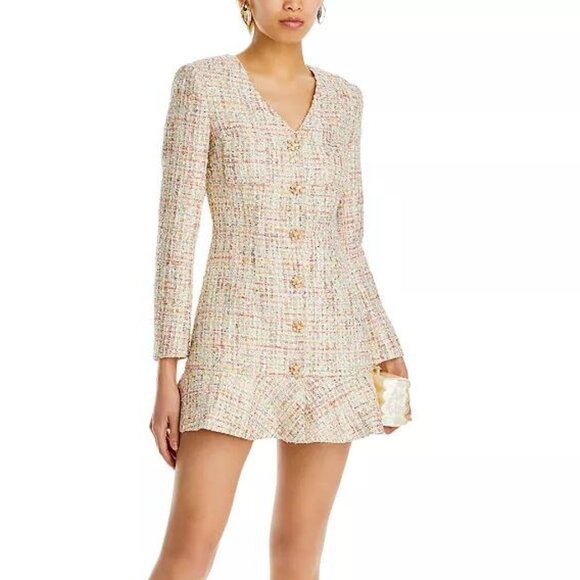 Self-Portrait Dresses & Skirts - Self-Portrait Beaded Button Bouclé Mini Dress NWT Size 0 Long Sleeve Tweed